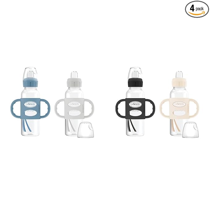 Dr. Brown's Milestones Narrow Sippy Spout Bottle with Silicone Handles 2-Pack, includes Light-Blue & Gray 8oz/250mL 2 Count and Black & Ecru 8oz/250mL 1 Count, 6m+
