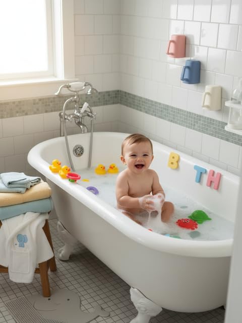 Rinzee® Baby Bath Cup with Suctions - BPA Free, 100% Food Grade Silicone Rinse Cup, Clutter-Free Tub Area, Kids Learning Tool, Sticks to Tiles, Drains Water Upside Down-patent pending