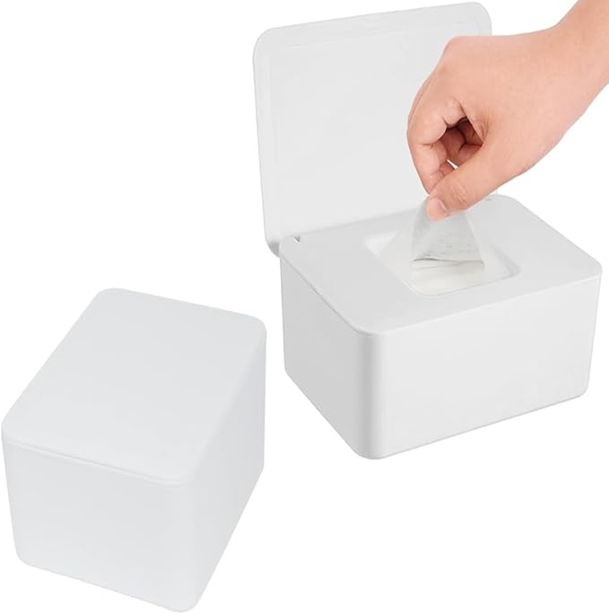 2Packs Wipe Dispenser,Wipe Holder for Baby & Adult,Refillable Wipe Container Keeps Wipes Fresh with Lid for Bathroom Baby Nursery,Flushable Storage Case Box (White)