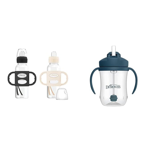Dr. Brown's Milestones Narrow Sippy Spout Bottle with 100% Silicone Handles & Milestones Baby’s First Straw Cup, Training Cup with Weighted Straw, Dark Blue, 6m+