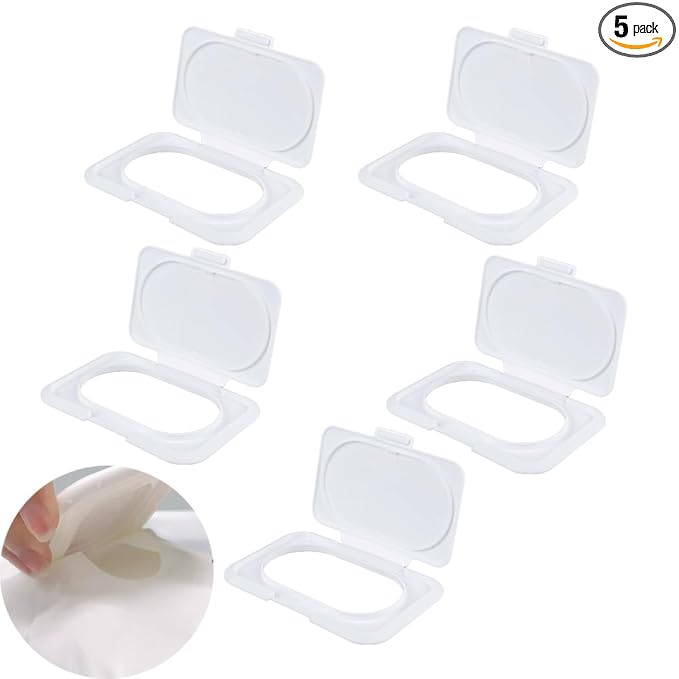 5 Pack Baby Wipes Flip Lid Reusable Adhesive Sticky Dispenser Cover Non-Drying Cap for Child Water Wipe Packs Bag Package Portable Pouch Travel Wet Tissues Paper Towel Holder Countainer