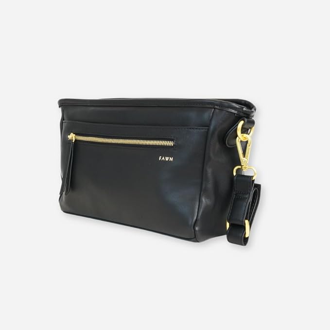 FAWN DESIGN The Stroller Caddy, Premium Matte Faux Leather Stroller Organizer with Cup Holder, Black Diaper Bag with Adjustable Stroller Straps, 2 Exterior Pockets 1 Zipper Pocket, 14x 5x 7 inches