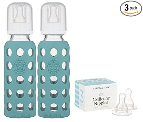 Lifefactory 9oz Glass Baby Bottle 2pk Bundle with 2 Stage 3 Nipples (Kale/Kale)