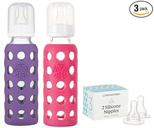 Lifefactory 9oz Glass Baby Bottle 2pk Bundle with 2 Stage 3 Nipples (Grape/Raspberry)