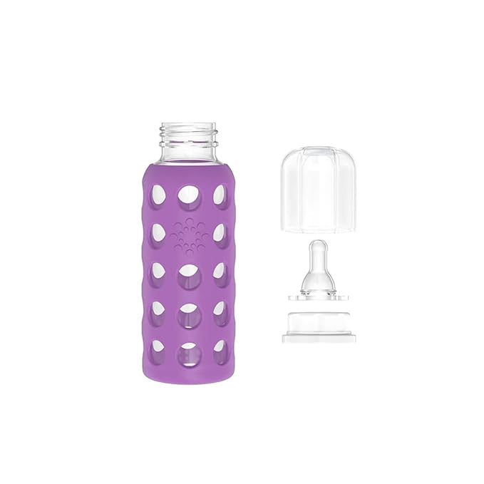 Lifefactory Glass Baby Bottle BPA Free | Protective Silicone Sleeve | 9 oz Pack of 4 | Raspberry, Papaya, Kale, Grape