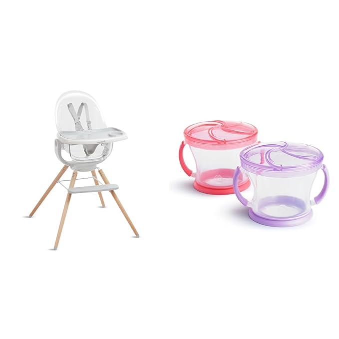 Munchkin® 360° Cloud™ Baby and Toddler High Chair with Clear Seat and 360° Swivel, White and Grey with Wooden Legs & ® Snack Catcher® Toddler Snack Cups, 2 Pack, Pink/Purple
