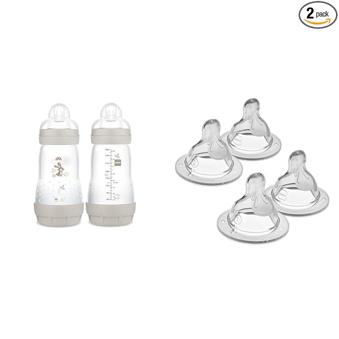 MAM Easy Start Anti-Colic Baby Bottles, 9 oz (2 Count) & Nipples Mixed Flow Pack - Slow Flow Level 1 & Medium Flow Level 2, Fits All MAM Bottles (4 Count)