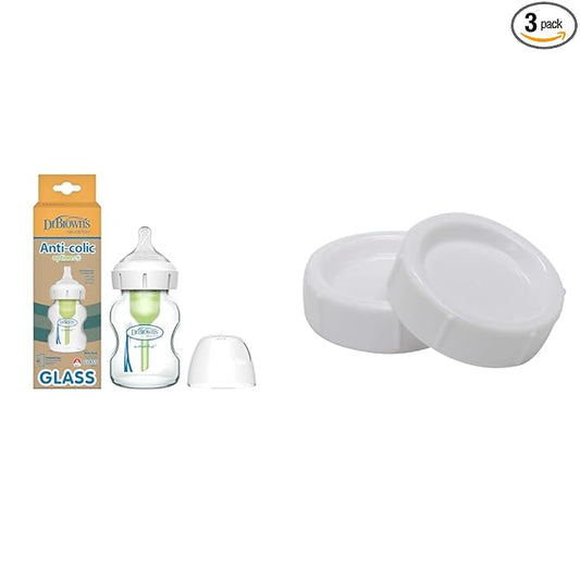 Dr. Brown's Natural Flow Anti-Colic Options+ Wide-Neck Glass Baby Bottle 5 oz, Level 1 Slow Flow Nipple 1 Pack with Storage/Travel Caps 2 Pack