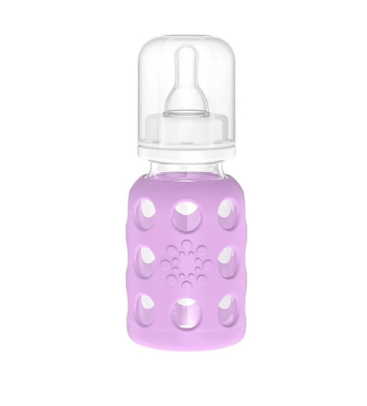 Lifefactory 4-Ounce BPA-Free Glass Baby Bottle with Protective Silicone Sleeve and Stage 1 Nipple, Lilac