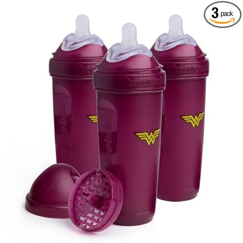 Herobility Anti-Colic Baby Bottles 12 fl oz/340ml - Pack of 3 Plastic Baby Bottles, Fast Flow Plastic Bottles, Breast-Shaped Teat for Breastfed Babies, Small Baby Bottles, Swedish Design, Wonder Woman