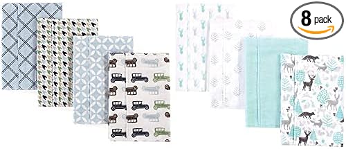 Hudson Baby Boy Cotton Flannel Burp Cloth 8-Pack, Blue Cars Linocut Woodland Neutral