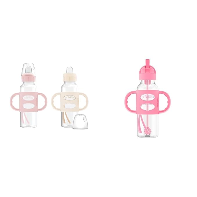 Dr. Brown's Milestones Narrow Sippy Bottle with 100% Silicone Handles, Easy-Grip Bottle & Milestones Narrow Sippy Straw Bottle with 100% Silicone Handles, 8oz/250mL, Pink, 1 Pack