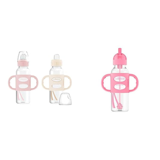 Dr. Brown's Milestones Narrow Sippy Bottle with 100% Silicone Handles, Easy-Grip Bottle & Milestones Narrow Sippy Straw Bottle with 100% Silicone Handles, 8oz/250mL, Pink, 1 Pack