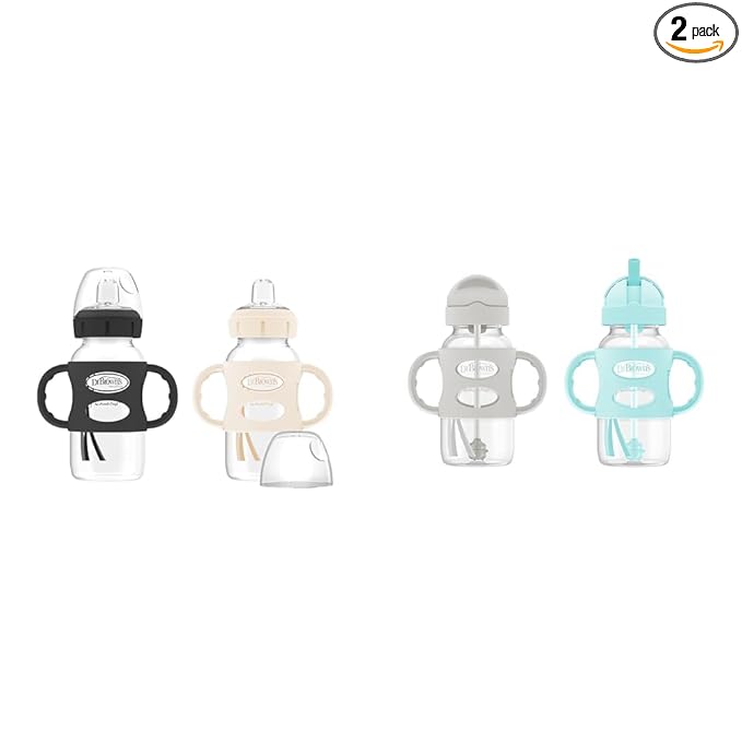 Dr. Brown's Milestones Wide-Neck Sippy Spout Bottle with 100% Silicone Handles, Easy-Grip Handles & Milestones Wide-Neck Sippy Straw Bottle with 100% Silicone Handles and Weighted Straw