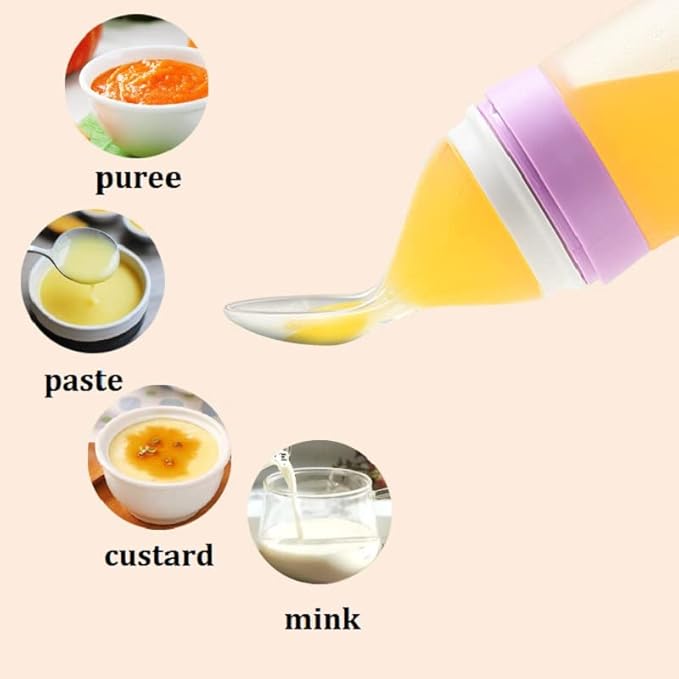 Reidio 2Pc Baby Feeding Bottle with Spoon Baby Food Feeder Silicone Squeeze Spoon Bottle for Baby Food Dispensing Baby Bottle with Scale 3.4oz/100ml (Pink)