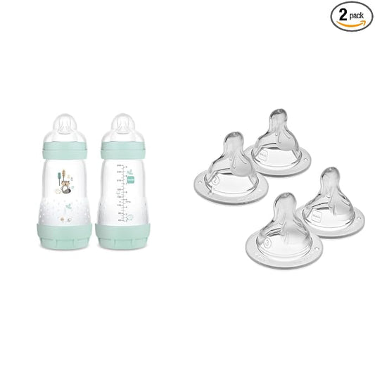 MAM Easy Start Anti-Colic Baby Bottles, Medium & Fast Flow Nipples, 9 oz (2 Count) & Mixed Flow Nipple 4 Pack for Newborns & Older
