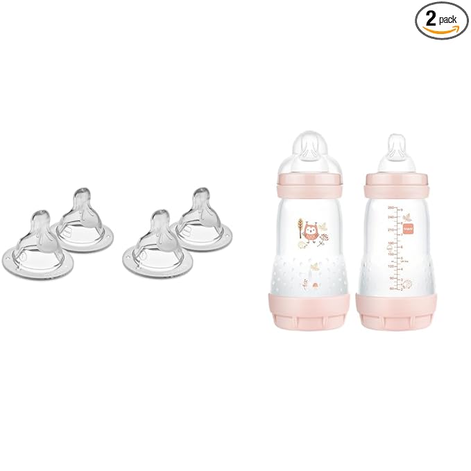 MAM Bottle Slow Flow Nipple Level 1, for Newborns, SkinSoft Silicone Nipples & Easy Start Matte Anti-Colic Baby Bottles, 9 oz (2 Count), Medium Flow, Baby Girl