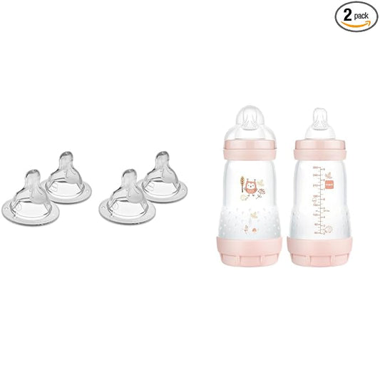MAM Bottle Slow Flow Nipple Level 1, for Newborns, SkinSoft Silicone Nipples & Easy Start Matte Anti-Colic Baby Bottles, 9 oz (2 Count), Medium Flow, Baby Girl