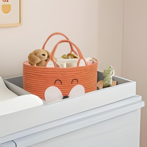 T&T Homewares Diaper Caddy Organizer, Cotton Rope Diaper Caddy Basket, Baby Shower Basket, Nursery Storage Bins, Newborn Caddie- Cat, Fox, Penguin (Orange Fox)