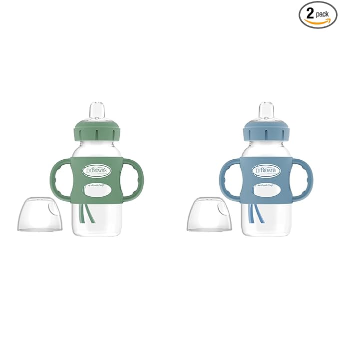 Dr. Brown's Milestones 9oz Wide-Neck Sippy Spout Bottle Bundle with Silicone Handles, Soft Sippy Spout, Green and Light Blue, 1-Pack Each, 6m+