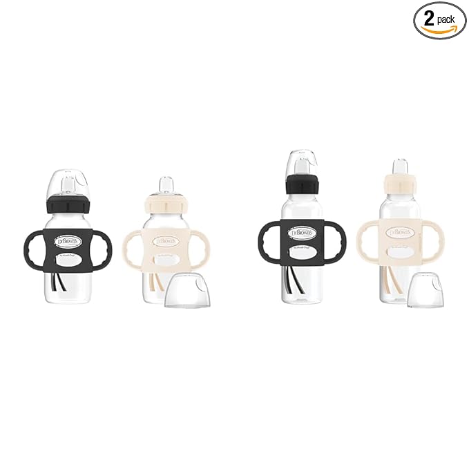 Dr. Brown's Milestones Sippy Spout Bottles, Wide-Neck & Narrow, 100% Silicone Handles, Easy-Grip, 9oz/270mL & 8oz/250mL, Black & Ecru, 2-Pack, 6m+