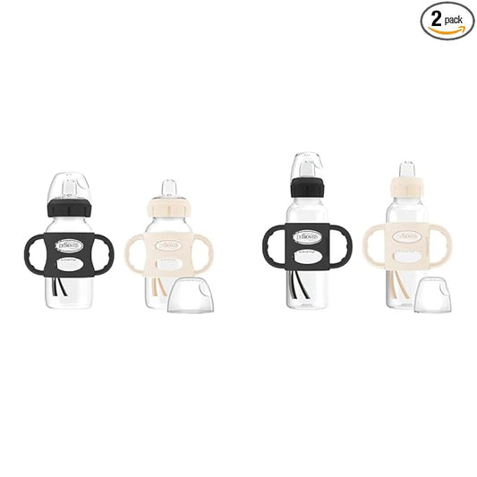 Dr. Brown's Milestones Sippy Spout Bottles, Wide-Neck & Narrow, 100% Silicone Handles, Easy-Grip, 9oz/270mL & 8oz/250mL, Black & Ecru, 2-Pack, 6m+