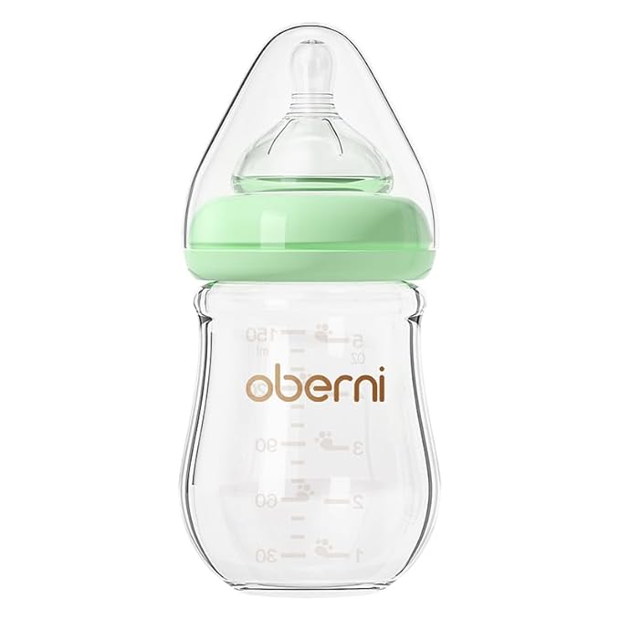 Oberni Glass Baby Bottles,Anti Colic Breastfeeding Bottle with Natural Response Nipple Size S,Wide Neck Slow Flow Baby Bottle for Baby,Newborn,Preemie 0-3 0-6 Month,BPA Free (Green, 1 Pack, 5 Ounce)