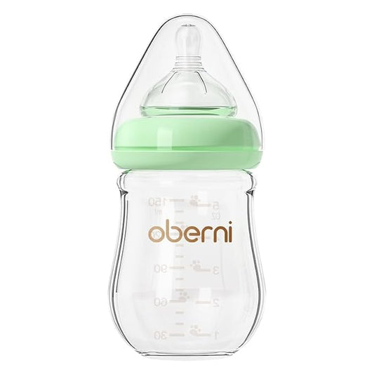 Oberni Glass Baby Bottles,Anti Colic Breastfeeding Bottle with Natural Response Nipple Size S,Wide Neck Slow Flow Baby Bottle for Baby,Newborn,Preemie 0-3 0-6 Month,BPA Free (Green, 1 Pack, 5 Ounce)
