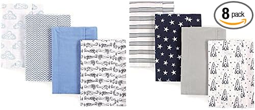 Hudson Baby Boy Cotton Flannel Burp Cloth 8-Pack, Airplane Rocket Ship