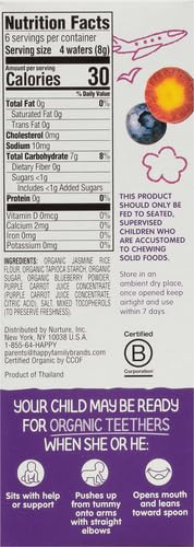 Happy Baby Gentle Teethers Organic Teething Wafers Blueberry Purple Carrot, 0.14 Ounce Packets (Box of 12) Soothing Rice Cookies for Teething Babies Dissolves Easily, Gluten Free No Artificial Flavor