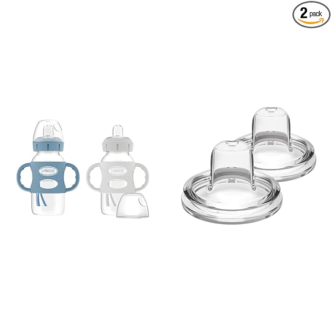Dr. Brown's Milestones Wide-Neck Sippy Bottle with 100% Silicone Handles, Easy-Grip Bottle & Options+ Wide-Neck Baby Bottle Sippy Spout, 2Count