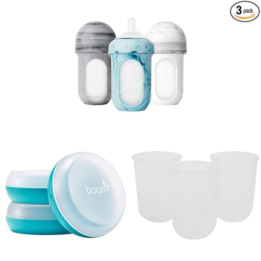 Boon NURSH Reusable Silicone Baby Bottles & NURSH Storage Buns (Pack of 3), Blue-White,3 Count (Pack of 1) & NURSH Reusable Silicone Replacement Pouch, 3 Months and up, 8 Ounce (Pack of 3)