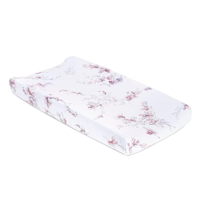 Oilo Changing Pad Cover, Breathable Organic Cotton Fitted Jersey, 300 Thread Count, Machine Washable, Fits Standard Changing Pads (32" x 16"), Girl, Boy, & Neutral Nursery Design, Bella Floral