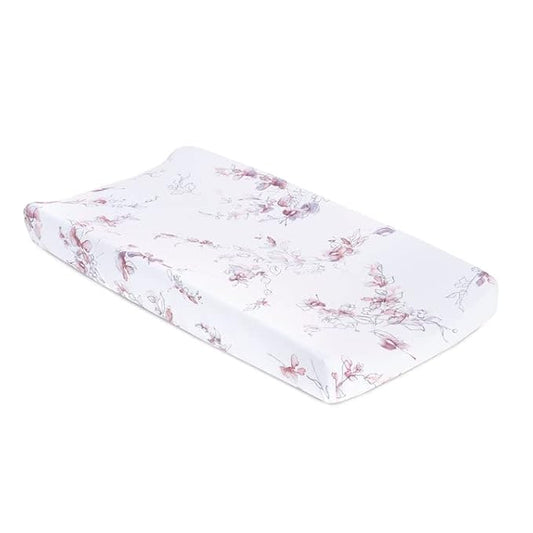 Oilo Changing Pad Cover, Breathable Organic Cotton Fitted Jersey, 300 Thread Count, Machine Washable, Fits Standard Changing Pads (32" x 16"), Girl, Boy, & Neutral Nursery Design, Bella Floral