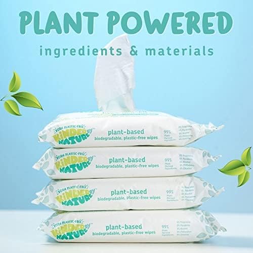 Kinder by Nature Plant Based Baby Wipes - 100% Biodegradable & Compostable, 224 Count (4 Packs of 56) - 99% Plant-Based Ingredients, Plastic-Free Wipes