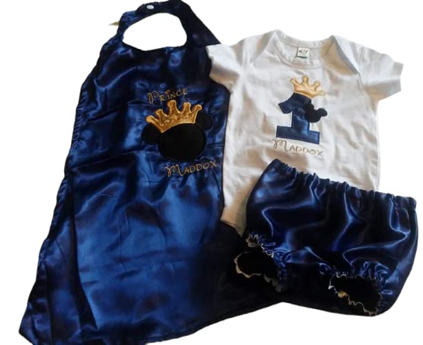 1st 2nd Birthday Smash cake photo prop KING or PRINCE MICKEY NAVY BLUE gold crown onesie cape diaper cover 6 months to 24 months