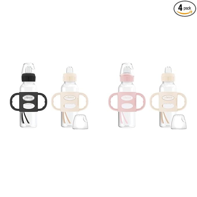 Dr. Brown's Milestones Narrow Sippy Spout Bottle with 100% Silicone, Easy-Grip Handles and Soft Sippy Spout, 8oz/250mL, Black and Ecru + Light-Pink and Ecru, 4-Pack, 6m+
