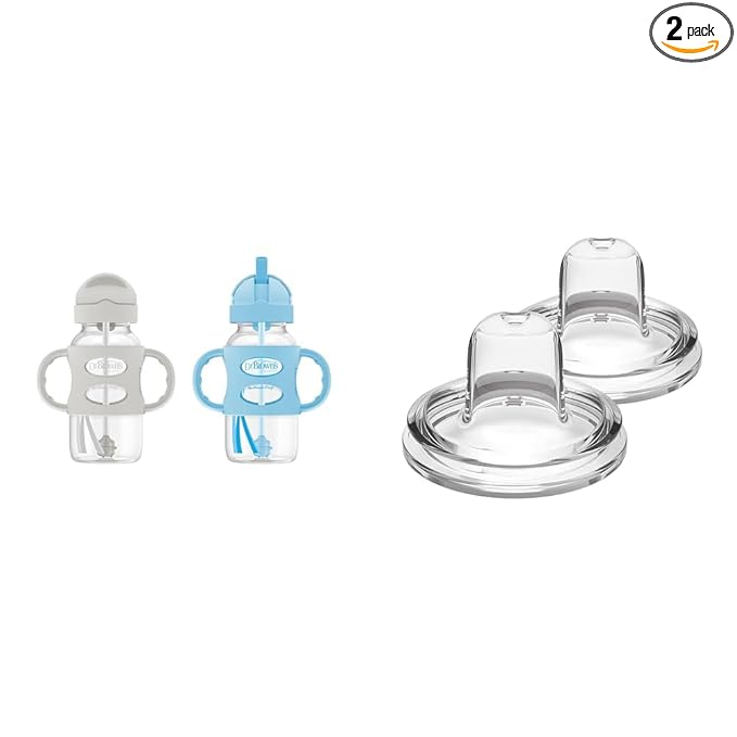 Dr. Brown's Milestones Wide-Neck Sippy Straw Bottle with 100% Silicone Handles, 9oz/270mL, Gray & Blue, 2 Pack, 6m+ & Options+ Wide-Neck Baby Bottle Sippy Spout, 2Count