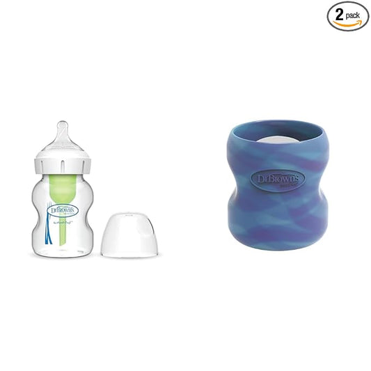Dr. Brown's Natural Flow Anti-Colic Options+ Wide-Neck Glass Baby Bottle 5 oz/150 ml & Natural Flow Options+ Glass Baby Bottle Sleeves,100% Silicone,5 oz,Wide-Neck