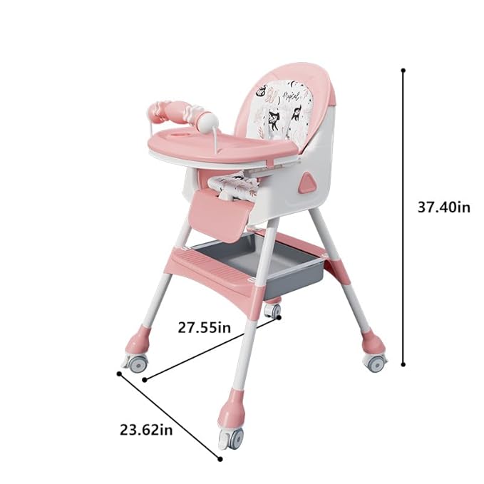 Portable Baby High Chair for Babies & Toddlers, Easy-Clean Multi-Use Feeding Chair with Lockable Wheels & Toy Storage Basket-Pink