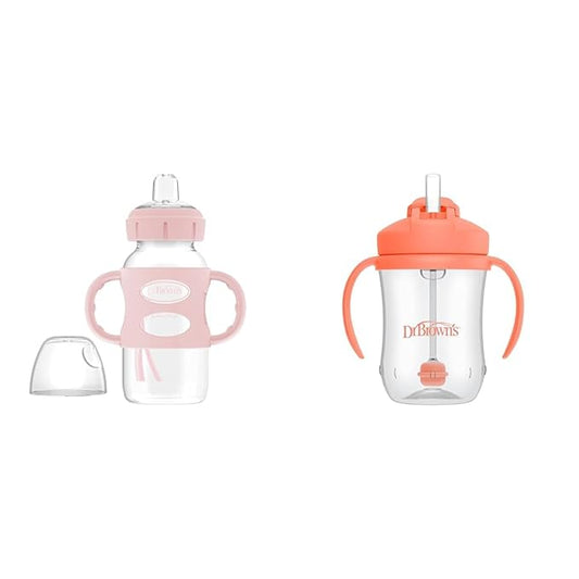 Dr. Brown's Milestones Wide-Neck Sippy Spout Bottle with 100% Silicone Handles & Milestones Baby’s First Straw Cup, Training Cup with Weighted Straw, Coral, 6m+