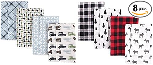 Hudson Baby Boy Cotton Flannel Burp Cloth 8-Pack, Blue Cars Moose