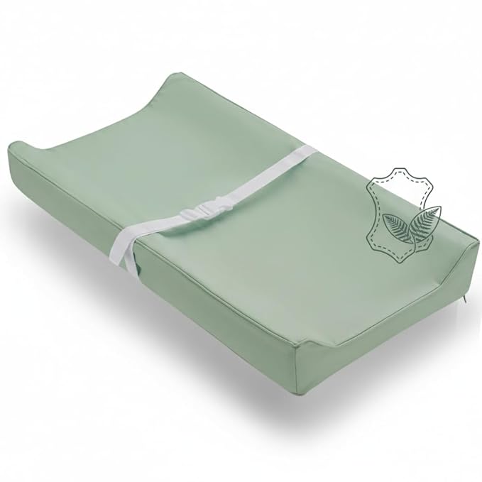 Vegan Leather Contoured Baby Changing Pad | Waterproof & Wipe-Clean PU Leather Diaper Change Mat, Soft, Wipeable Cover, Safety Strap, Non-Slip Bottom, Topper for Standard Infant Diaper Table & Dresser