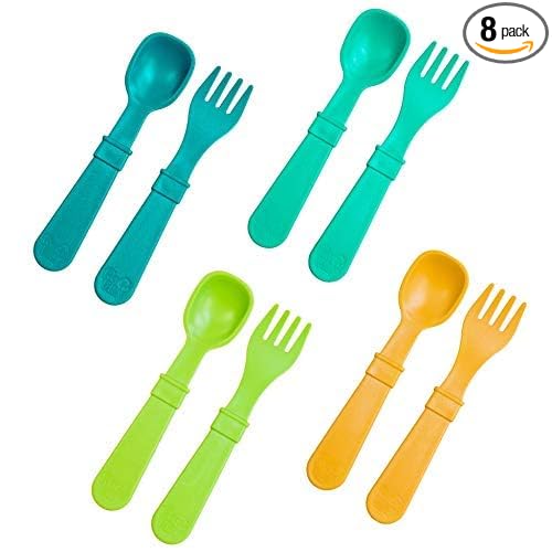 Re-Play Toddler Forks and Spoons Set - 4x4 Utensils Set for Kids - Dishwasher and Microwave Safe - Made in USA - Set of 8-5.8" x 1.2" x 0.2" - Aqua Asst