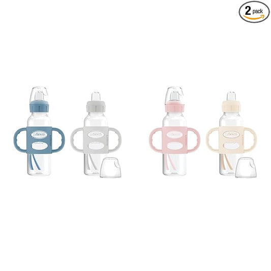 Dr. Brown's Milestones Narrow Sippy Spout Bottle with 100% Silicone Handles 2-Pack, Light-Blue & Gray and Light-Pink & Ecru, 8oz/250mL, 6m+