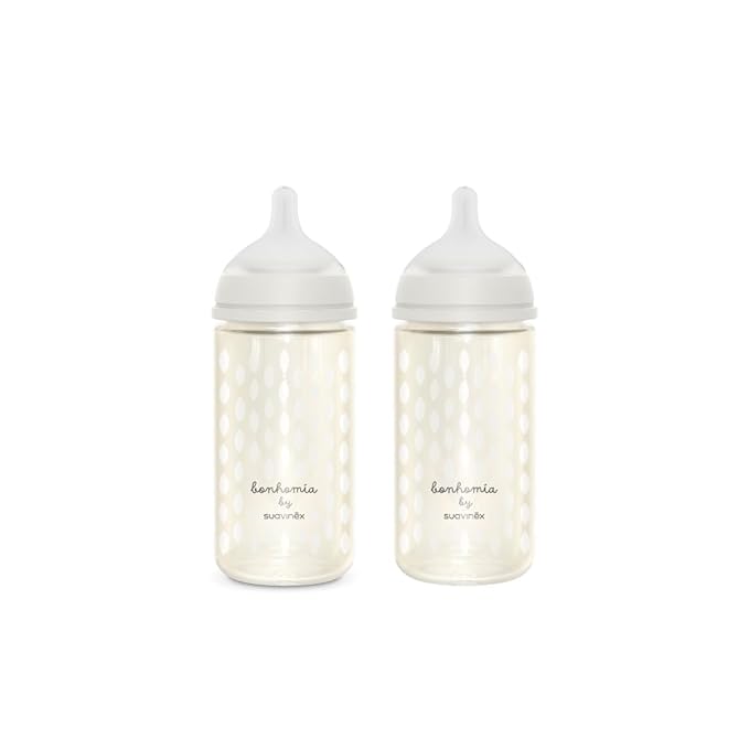 Suavinex Bonhomia Glass Baby Bottle with SX PRO Silicone Nipple, Anti Colic Baby Bottles, Baby Bottles for Breastfed Babies, 2 Pack 8 oz, Beige
