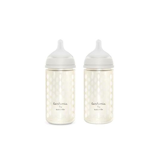 Suavinex Bonhomia Glass Baby Bottle with SX PRO Silicone Nipple, Anti Colic Baby Bottles, Baby Bottles for Breastfed Babies, 2 Pack 8 oz, Beige