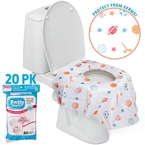 Potty Shields Toilet Seat Covers Disposable (20 Pack, Sports) - XL Waterproof Toilet Cover for Toddlers, Kids & Adults - Portable & Individually Wrapped for Travel, Potty Training & Public Restrooms