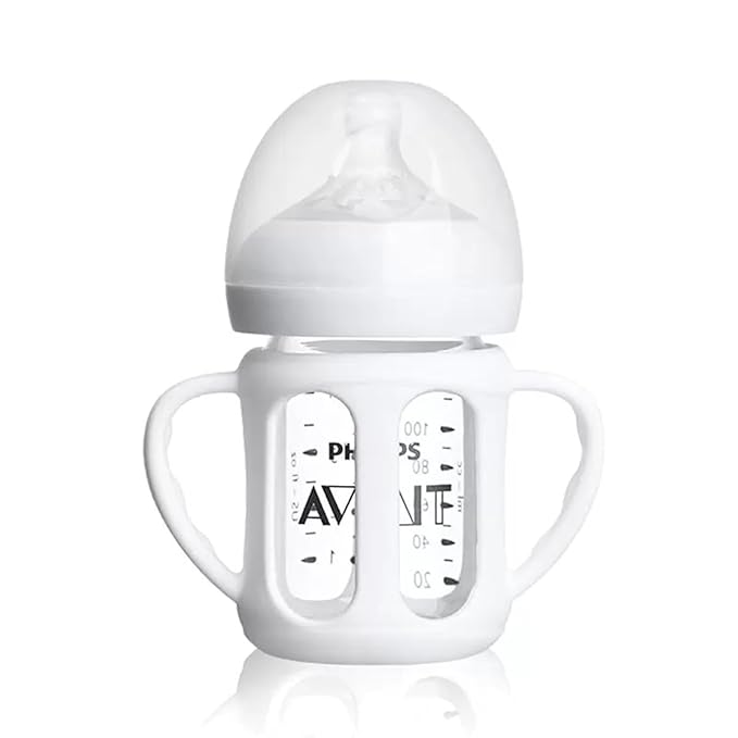 2 Pack Silicone Sleeves for Philips Avent Glass Natural Baby Bottles 4oz and 8oz, Anti Breakage Baby Bottle Holder with Handle, Feeding Bottle Handle (White)
