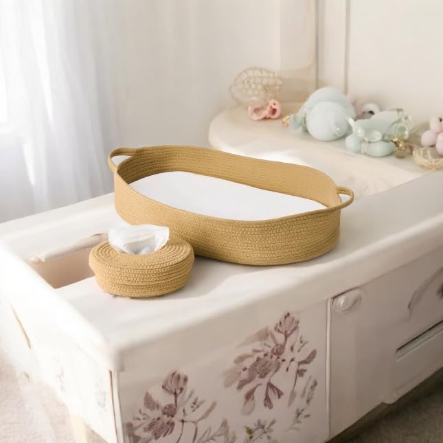 ECOADE Baby Changing Basket - Moses Basket Changing Table Topper and Thick Foam Pad with Removable Cotton Mattress Cover, 100% Cotton Boho Nursery Decor with Storage Bag